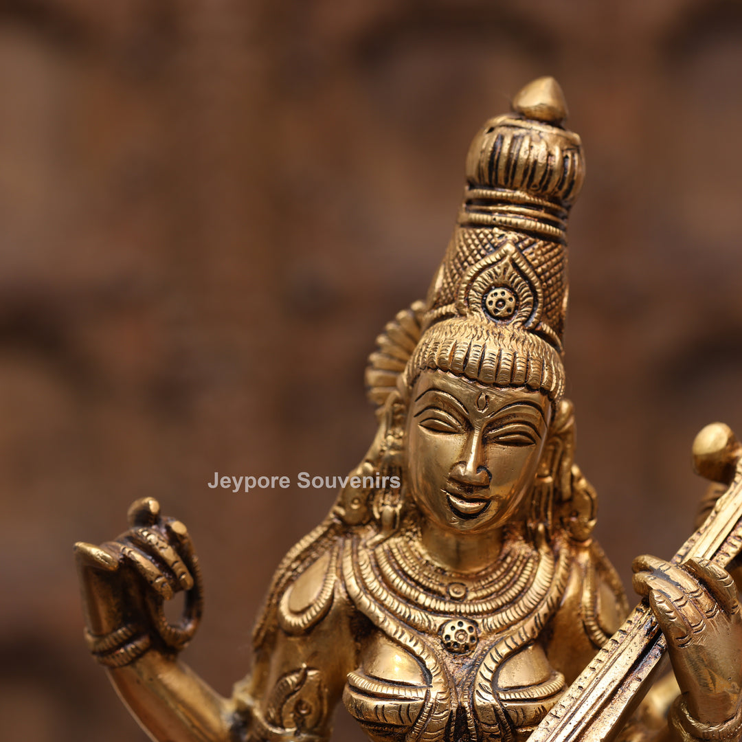 12" Handcrafted Brass Goddess Saraswati Statue (Veena Dharini Idol)