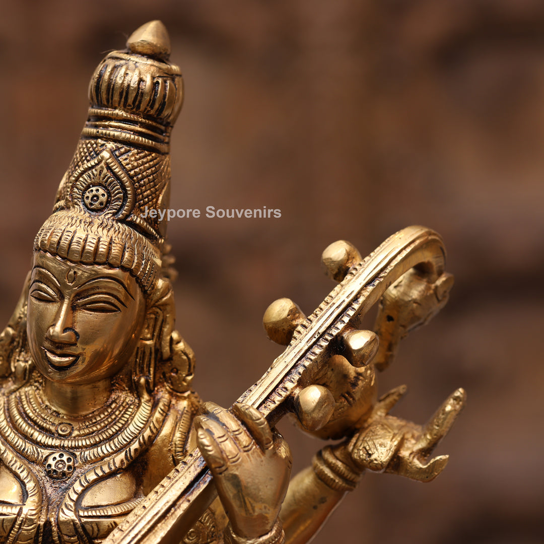 12" Handcrafted Brass Goddess Saraswati Statue (Veena Dharini Idol)