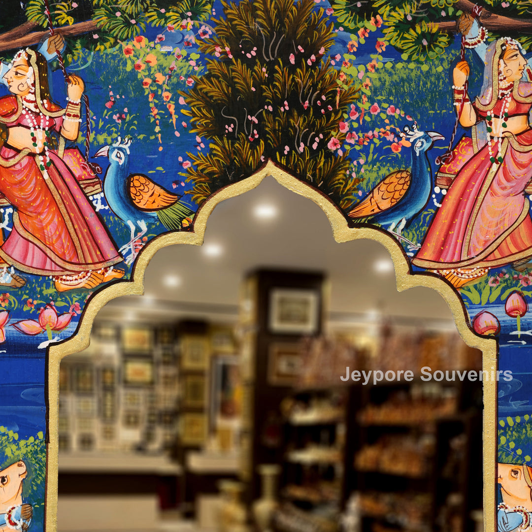 Handcrafted Radha Krishna Pichwai Wooden Jharokha Wall Mirror