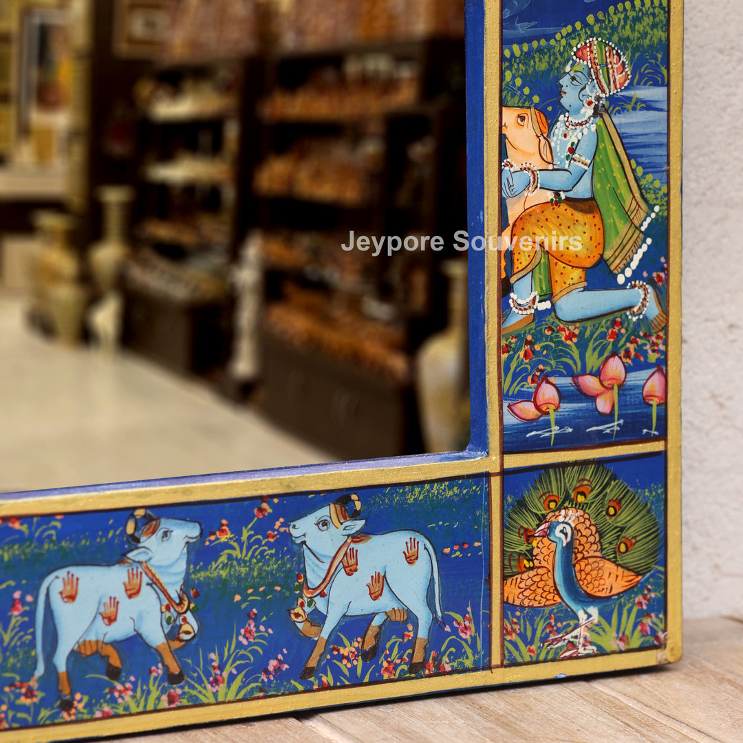 Handcrafted Radha Krishna Pichwai Wooden Jharokha Wall Mirror