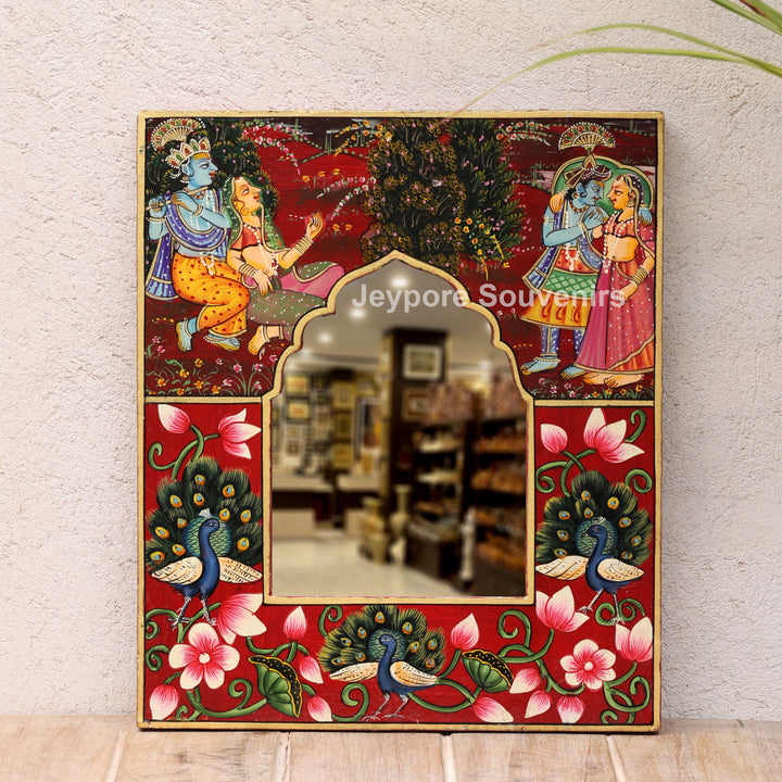Handcrafted Radha Krishna Pichwai Wooden Jharokha Wall Mirror