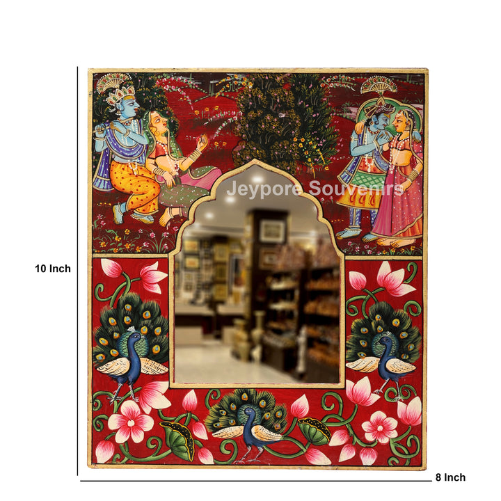 Handcrafted Radha Krishna Pichwai Wooden Jharokha Wall Mirror