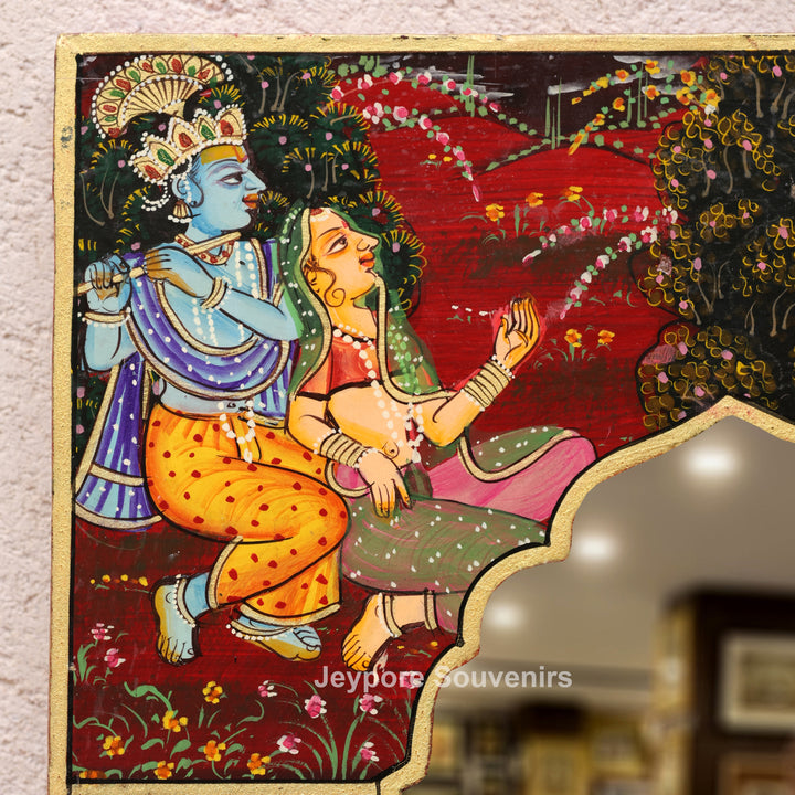 Handcrafted Radha Krishna Pichwai Wooden Jharokha Wall Mirror