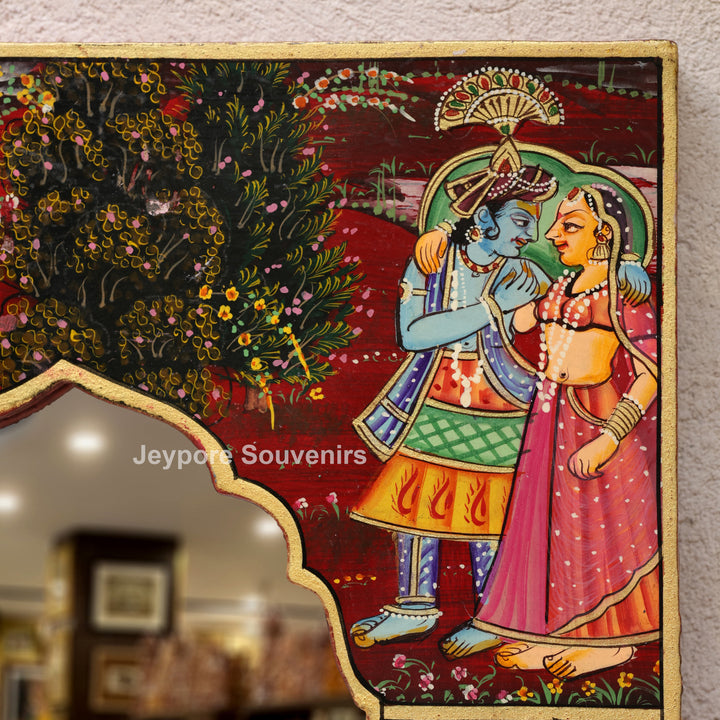 Handcrafted Radha Krishna Pichwai Wooden Jharokha Wall Mirror