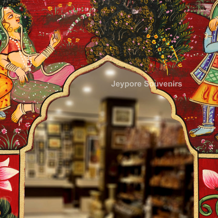 Handcrafted Radha Krishna Pichwai Wooden Jharokha Wall Mirror