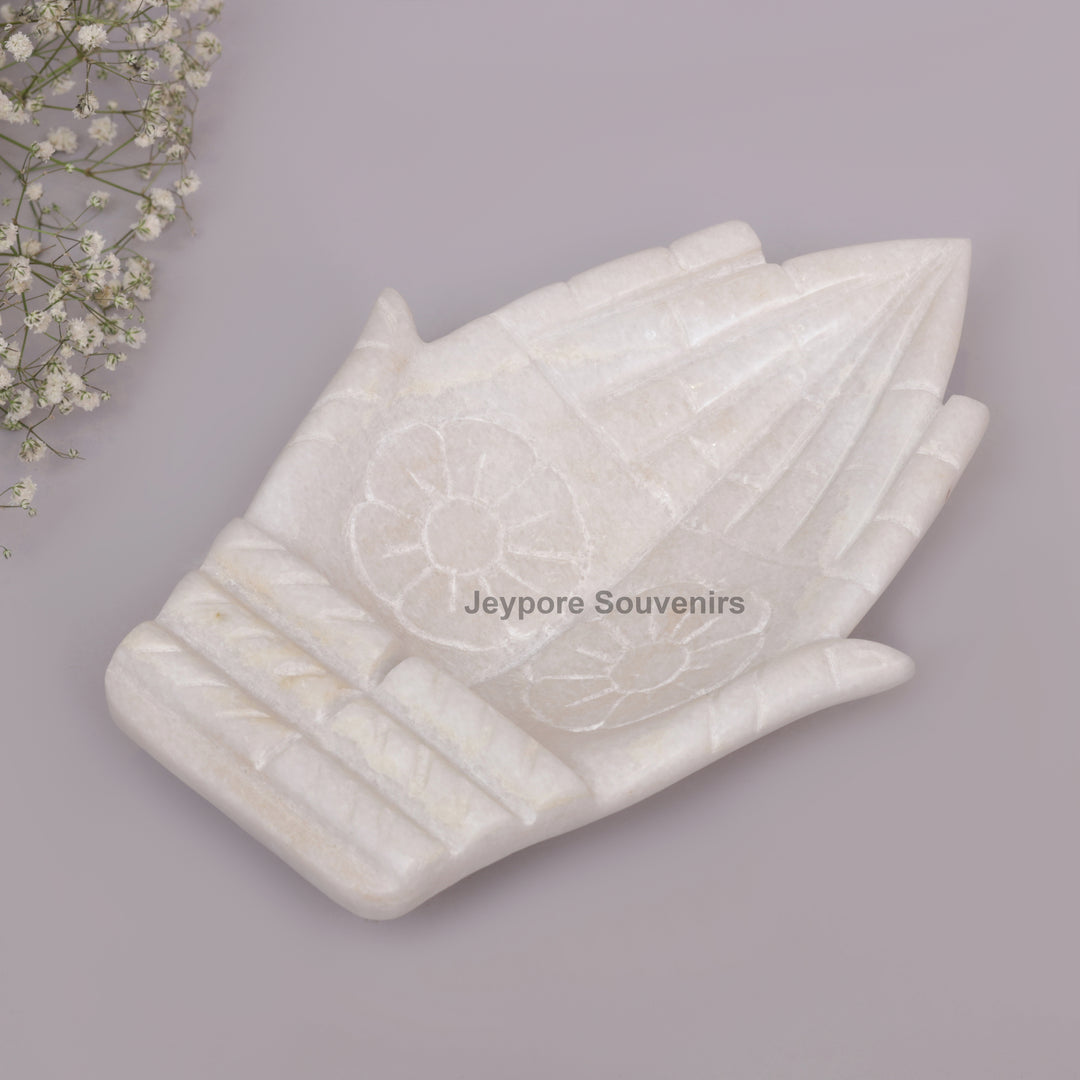White Marble Hand-Shaped Urli Bowl with Floral Carved Palms