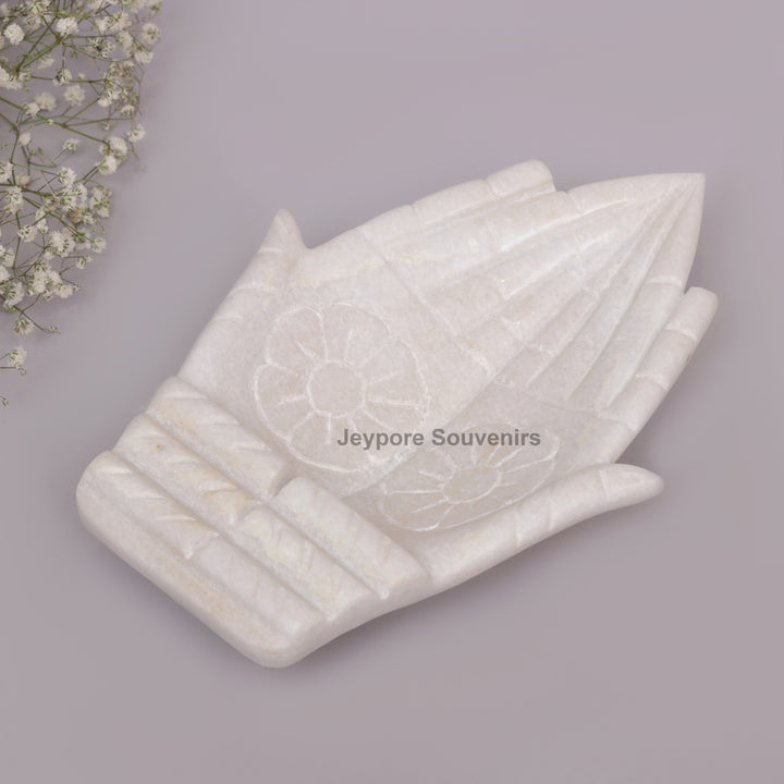 White Marble Hand-Shaped Urli Bowl with Floral Carved Palms