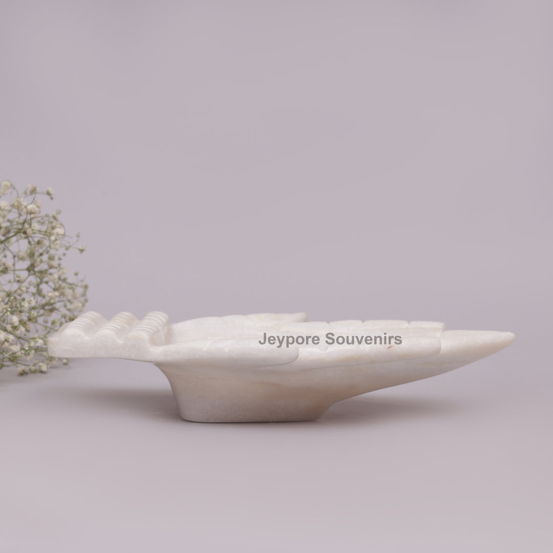 White Marble Hand-Shaped Urli Bowl with Floral Carved Palms