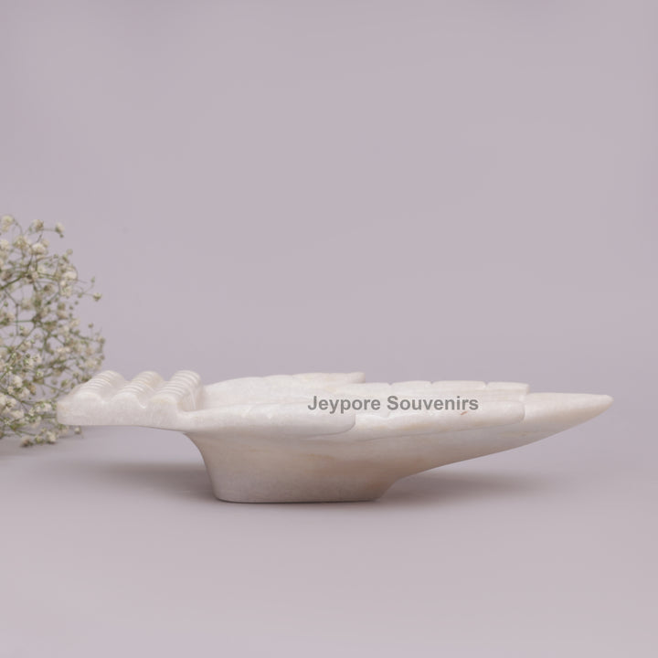 White Marble Hand-Shaped Urli Bowl with Floral Carved Palms