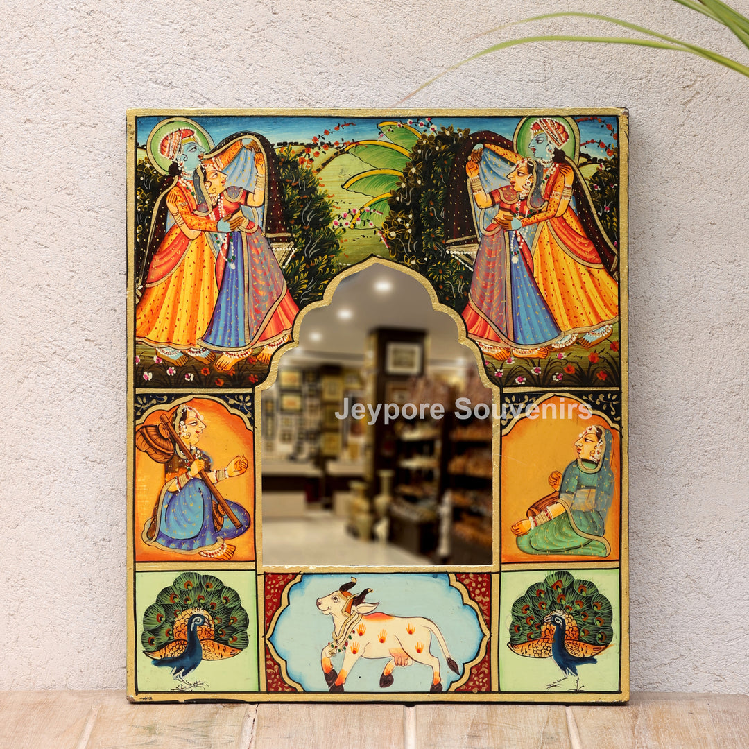 Handcrafted Pichwai Radha Krishna Wooden Jharokha Wall Mirror