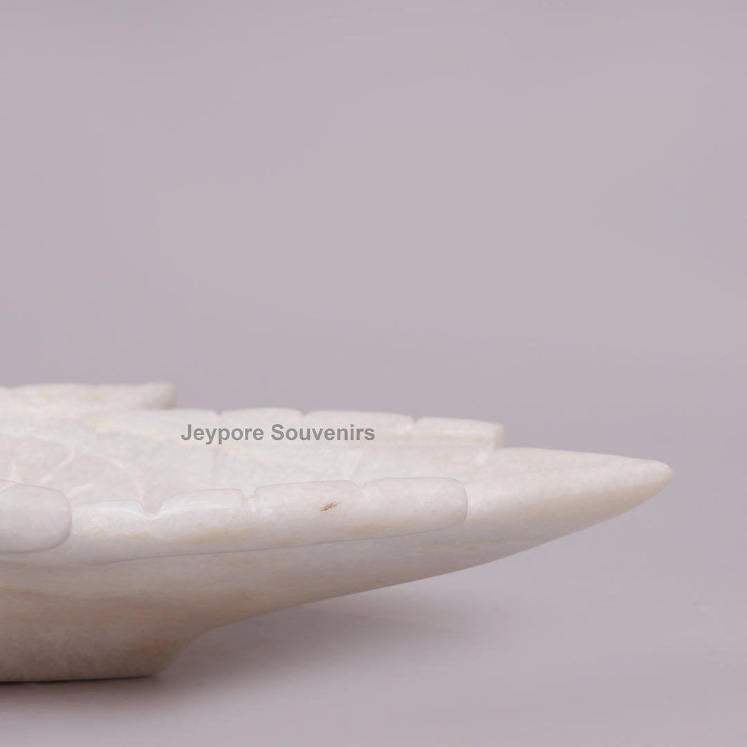 White Marble Hand-Shaped Urli Bowl with Floral Carved Palms