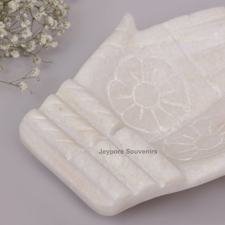 White Marble Hand-Shaped Urli Bowl with Floral Carved Palms