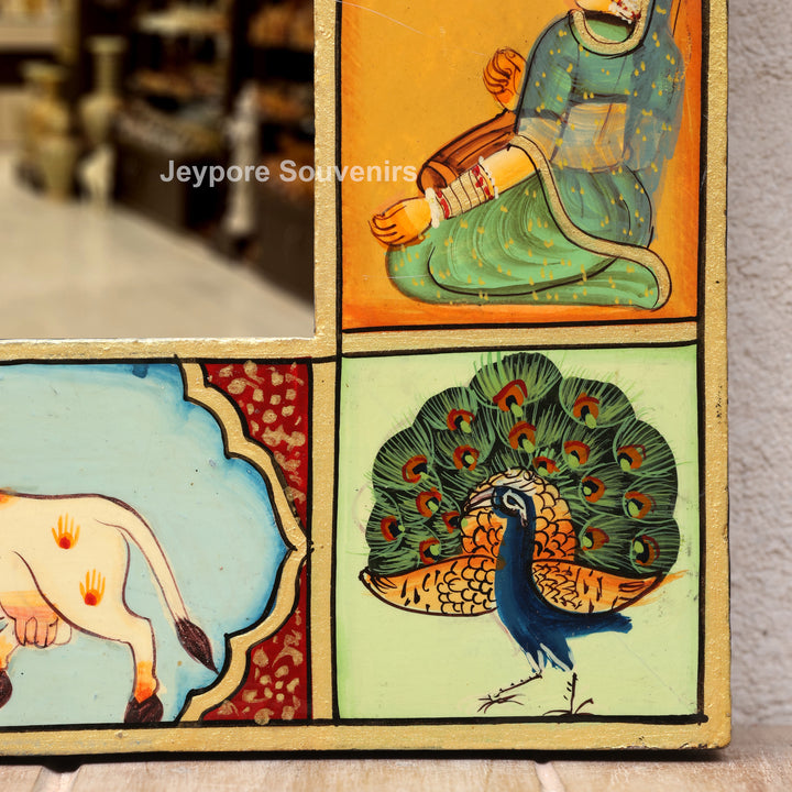 Handcrafted Pichwai Radha Krishna Wooden Jharokha Wall Mirror