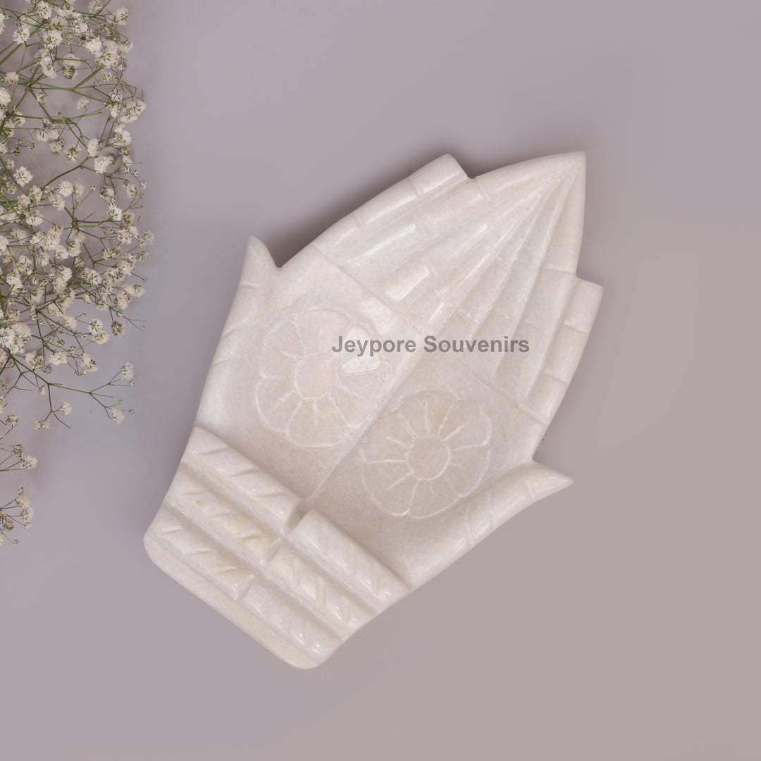 White Marble Hand-Shaped Urli Bowl with Floral Carved Palms