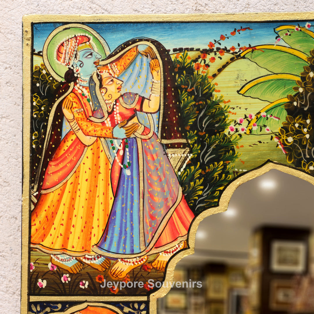 Handcrafted Pichwai Radha Krishna Wooden Jharokha Wall Mirror