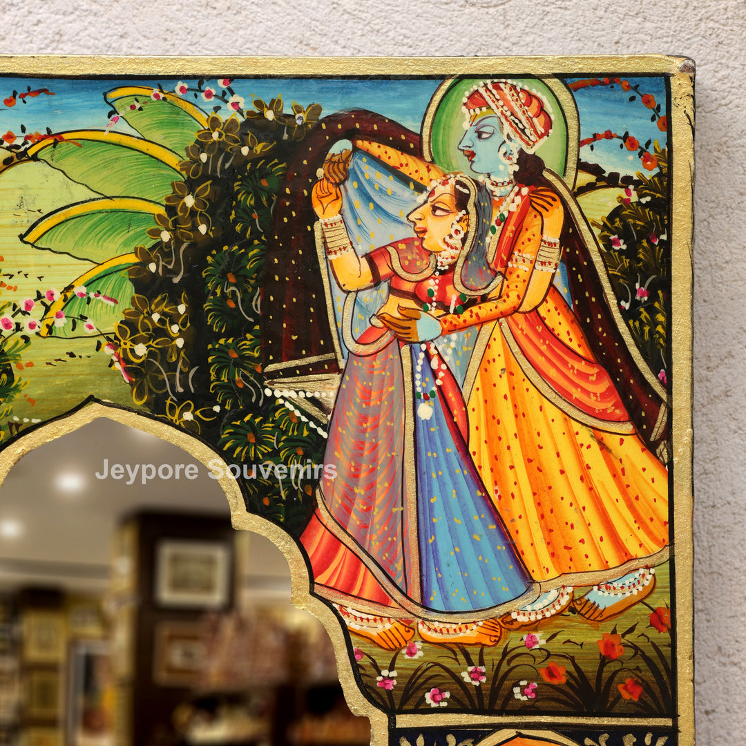 Handcrafted Pichwai Radha Krishna Wooden Jharokha Wall Mirror