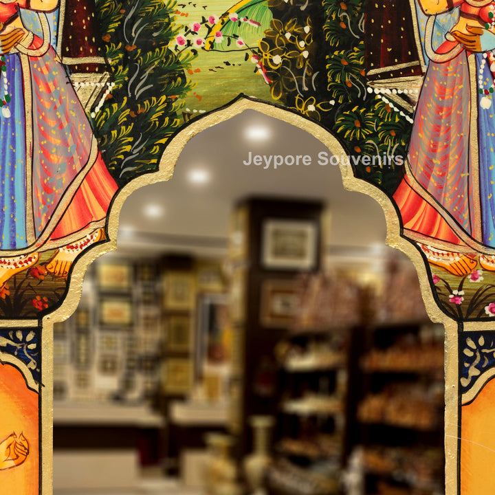 Handcrafted Pichwai Radha Krishna Wooden Jharokha Wall Mirror