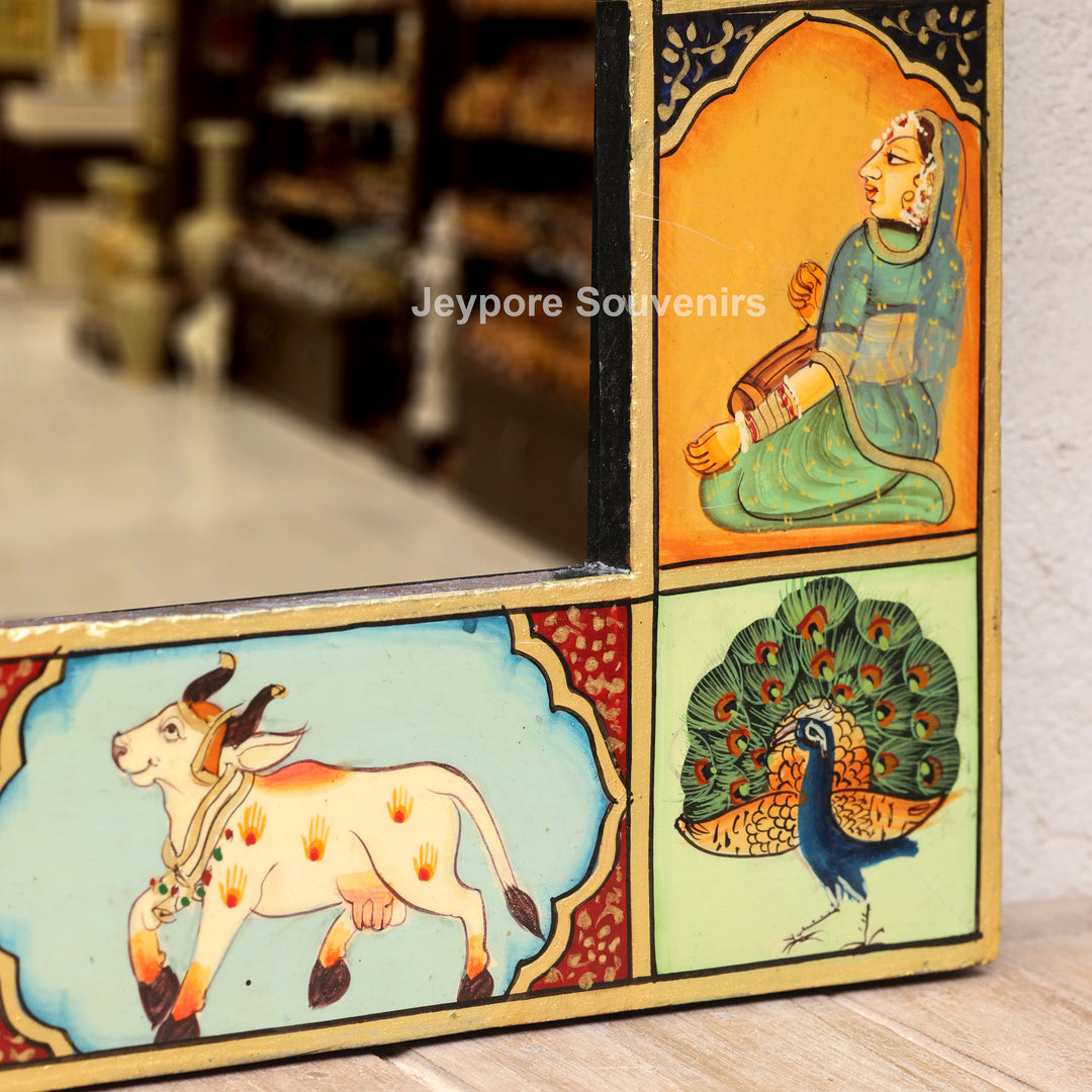 Handcrafted Pichwai Radha Krishna Wooden Jharokha Wall Mirror