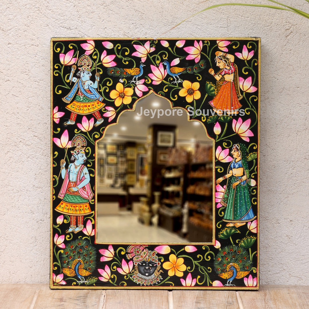 Hand-Painted Pichwai Krishna Jharokha Wooden Wall Mirror