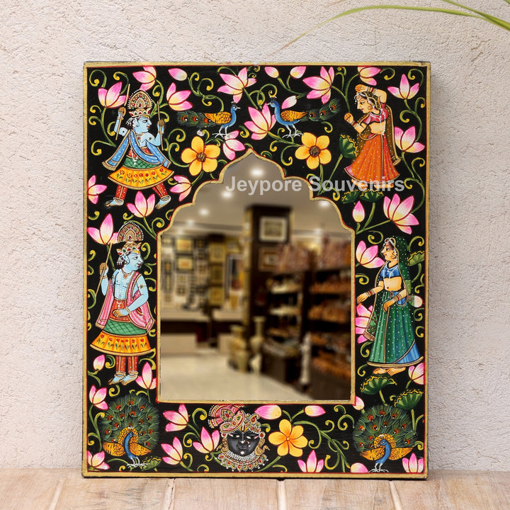 Hand-Painted Pichwai Krishna Jharokha Wooden Wall Mirror