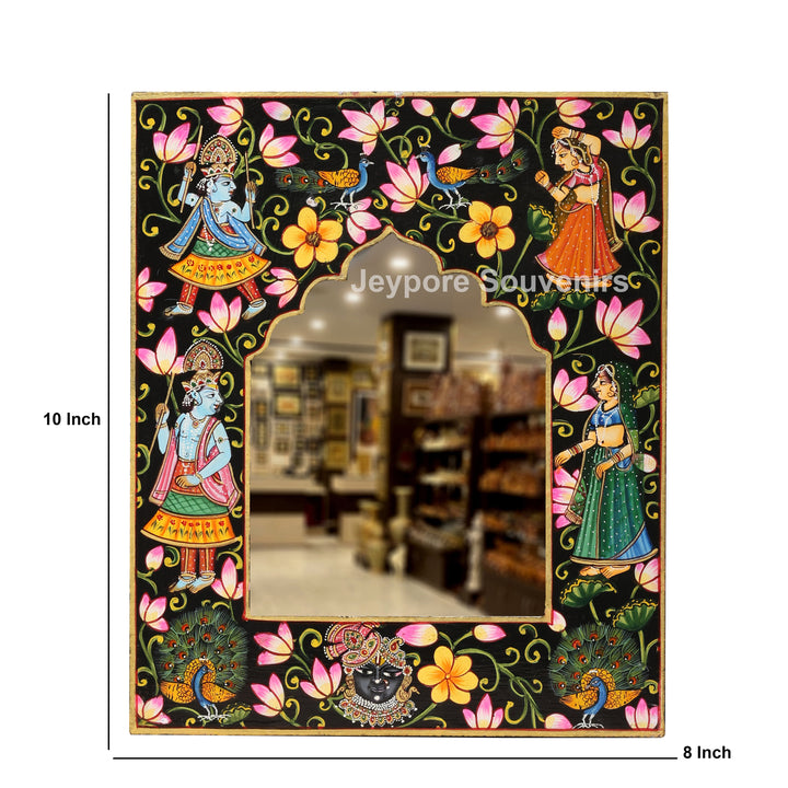 Hand-Painted Pichwai Krishna Jharokha Wooden Wall Mirror