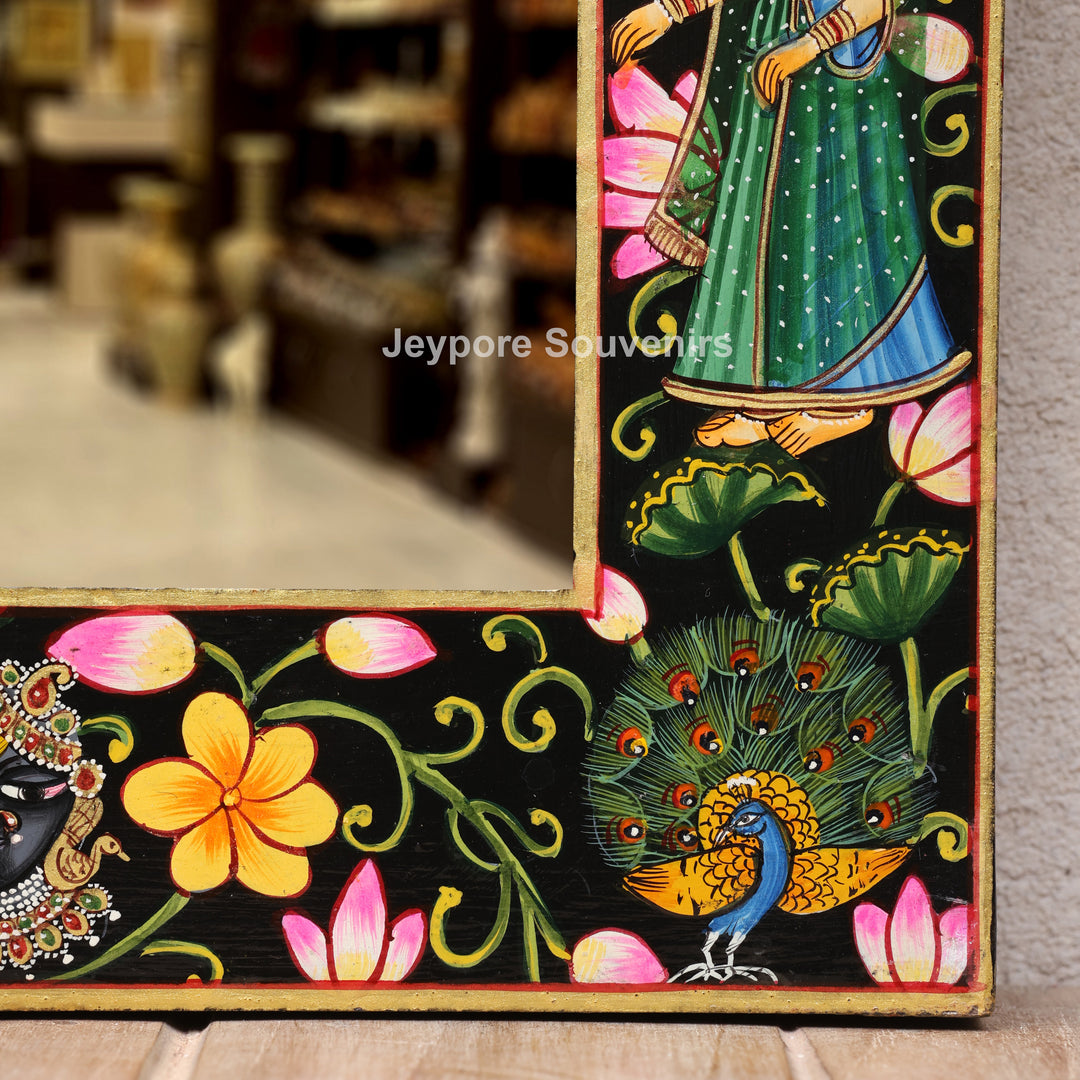 Hand-Painted Pichwai Krishna Jharokha Wooden Wall Mirror