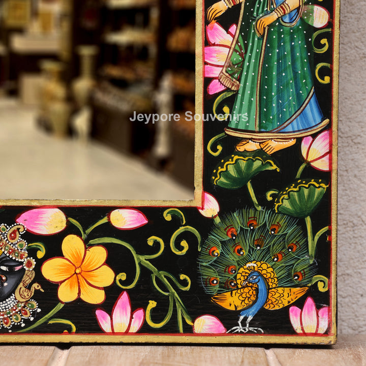 Hand-Painted Pichwai Krishna Jharokha Wooden Wall Mirror