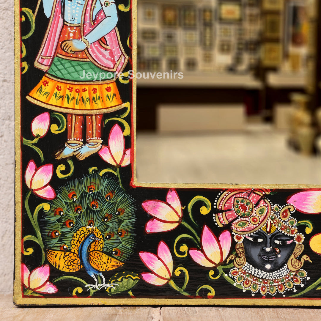 Hand-Painted Pichwai Krishna Jharokha Wooden Wall Mirror