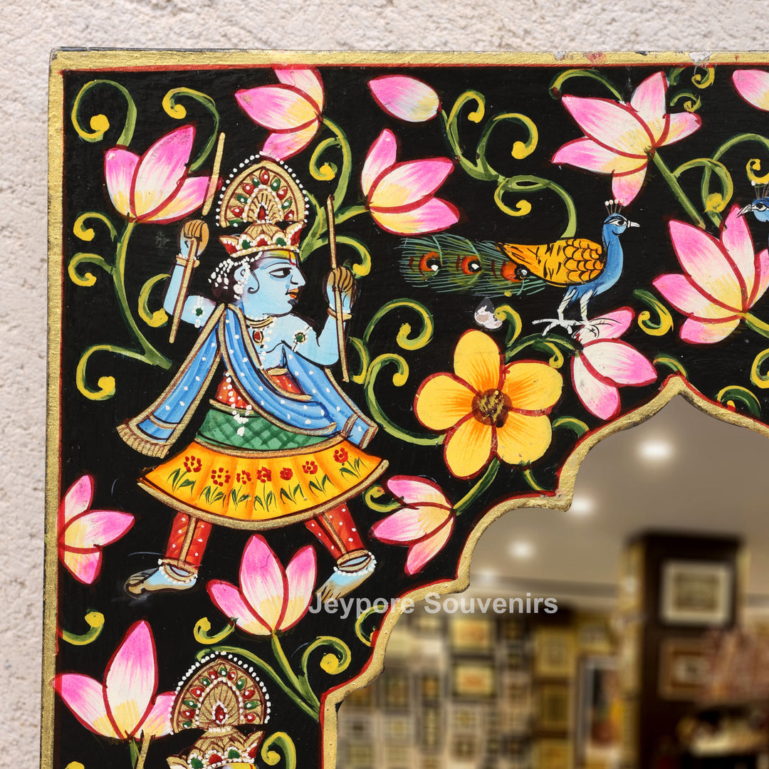 Hand-Painted Pichwai Krishna Jharokha Wooden Wall Mirror
