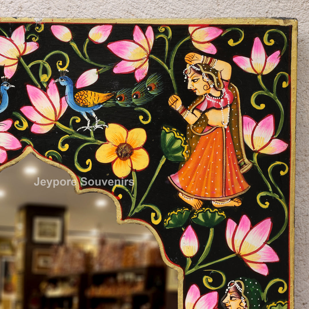 Hand-Painted Pichwai Krishna Jharokha Wooden Wall Mirror