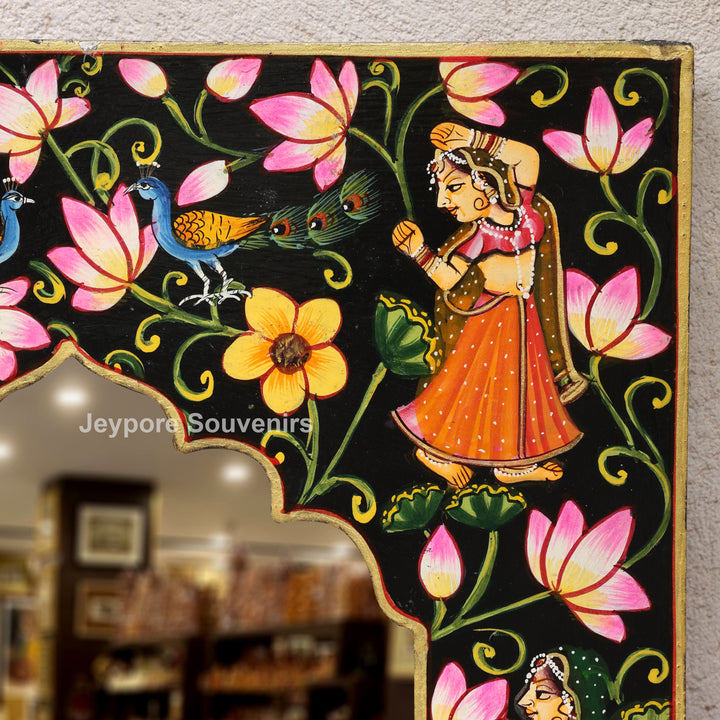 Hand-Painted Pichwai Krishna Jharokha Wooden Wall Mirror