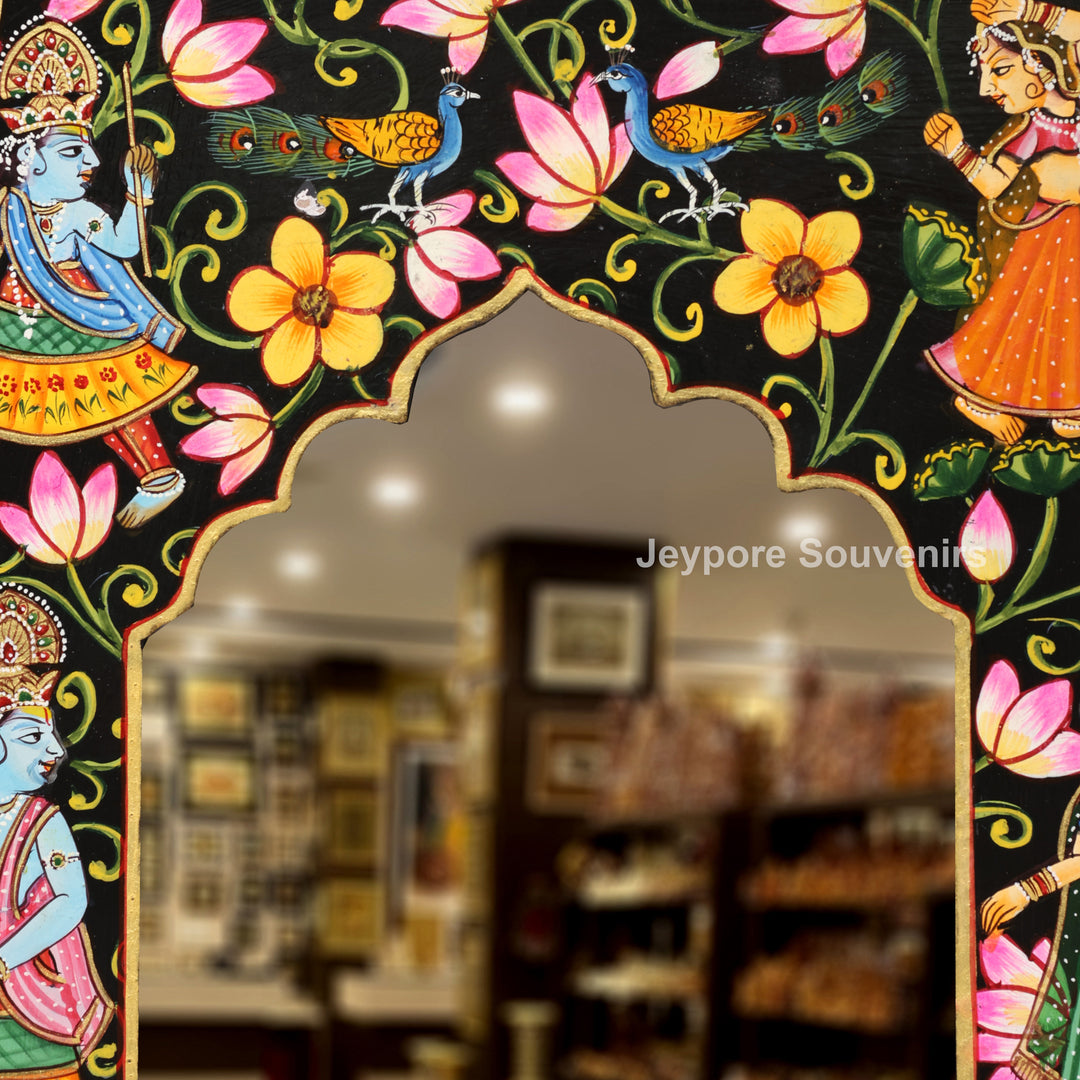 Hand-Painted Pichwai Krishna Jharokha Wooden Wall Mirror