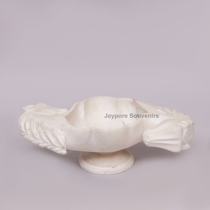 Hand-Carved White Marble Horse Head Urli with Detailed Manes