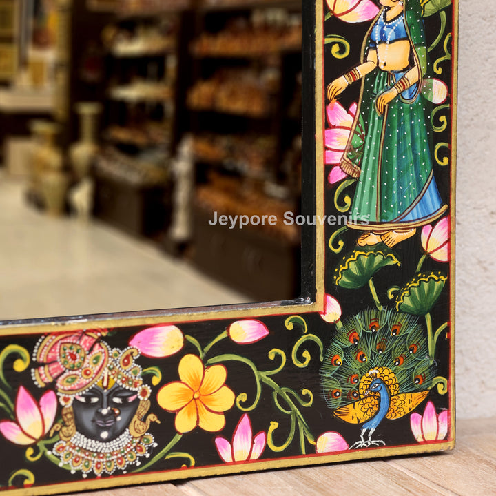 Hand-Painted Pichwai Krishna Jharokha Wooden Wall Mirror