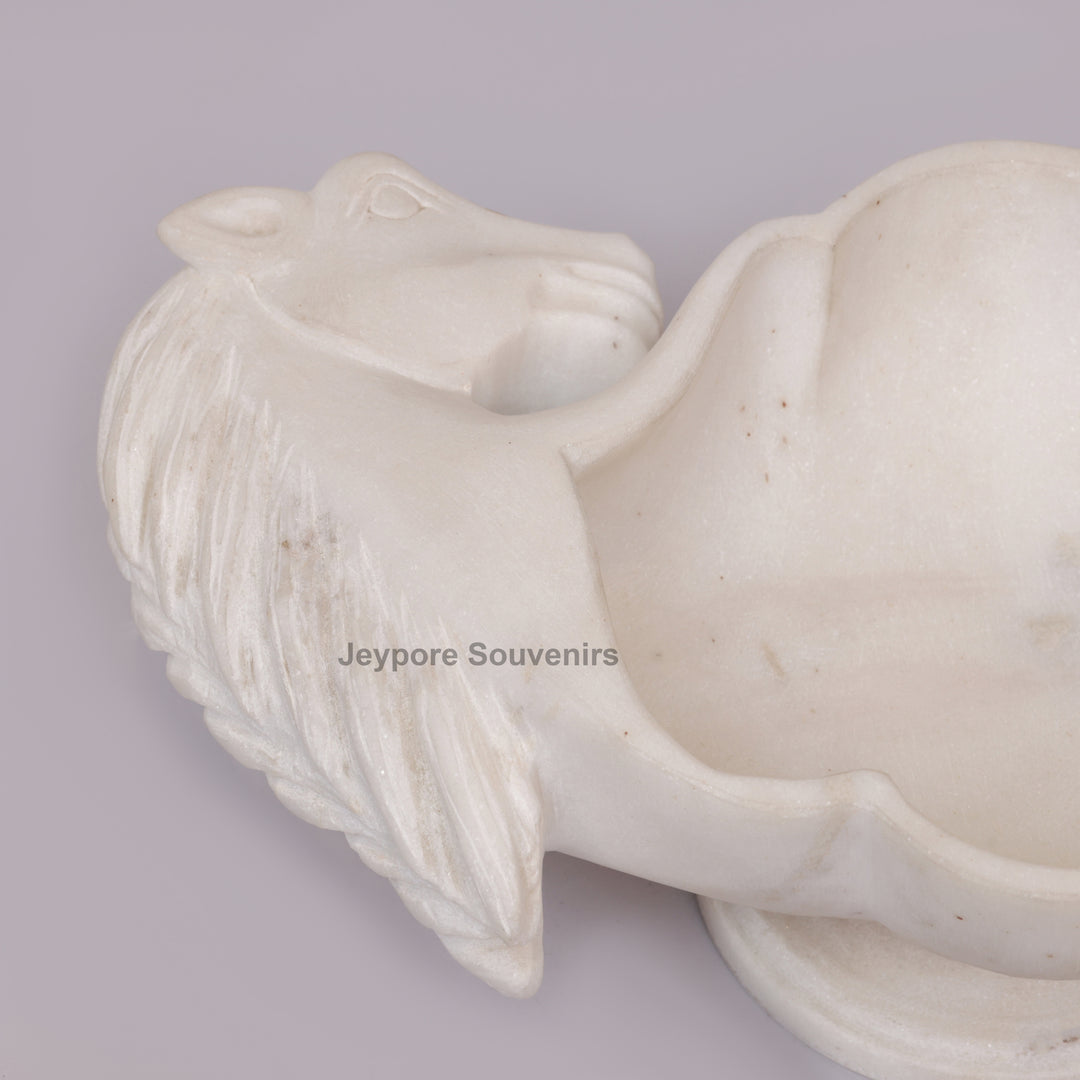 Hand-Carved White Marble Horse Head Urli with Detailed Manes