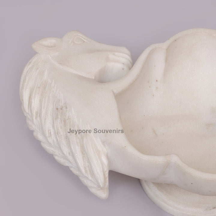 Hand-Carved White Marble Horse Head Urli with Detailed Manes