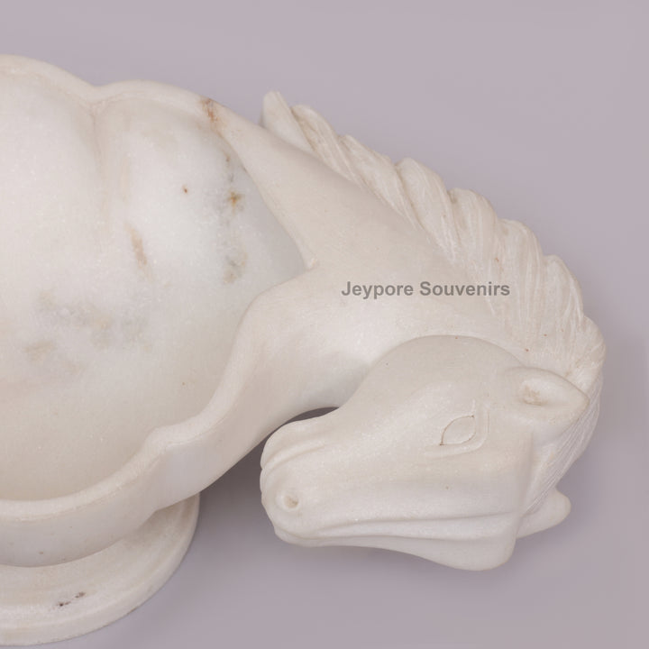 Hand-Carved White Marble Horse Head Urli with Detailed Manes