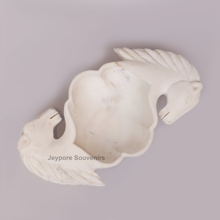 Hand-Carved White Marble Horse Head Urli with Detailed Manes