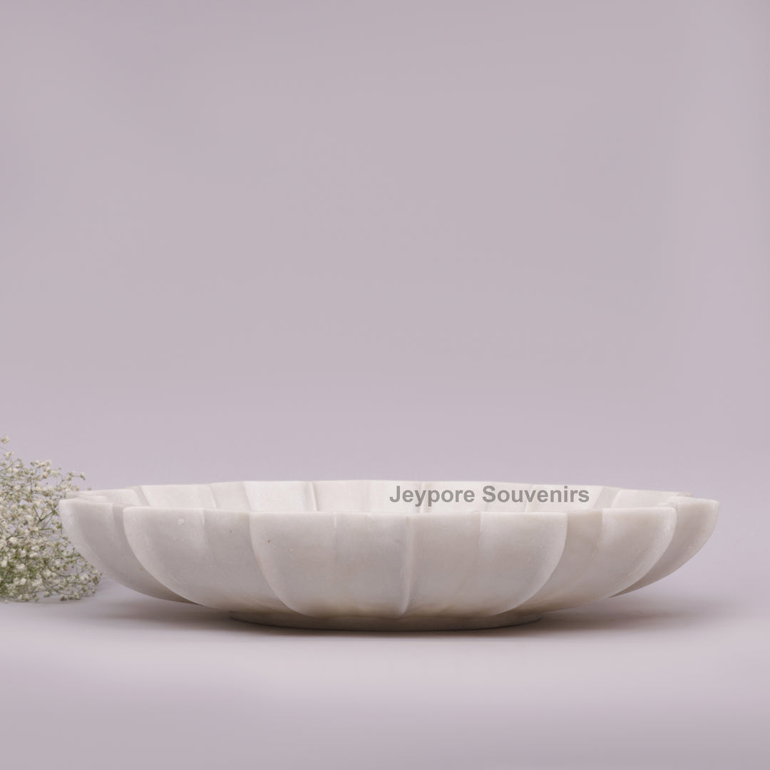 Hand-Carved White Marble Lotus Urli Bowl – 21 Inch Fluted Petal Design