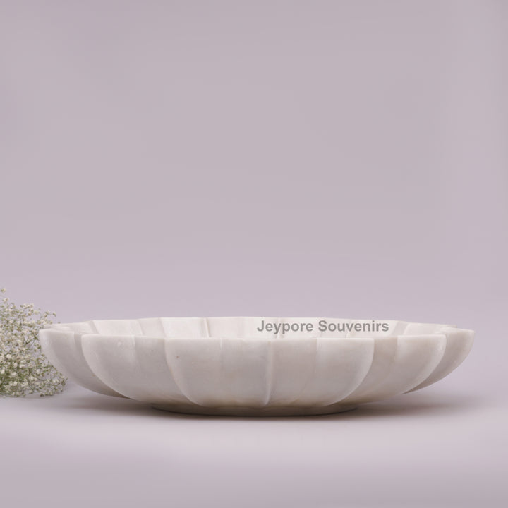 Hand-Carved White Marble Lotus Urli Bowl – 21 Inch Fluted Petal Design