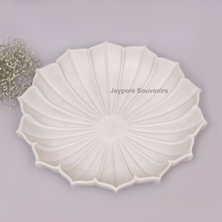 Hand-Carved White Marble Lotus Urli Bowl – 21 Inch Fluted Petal Design