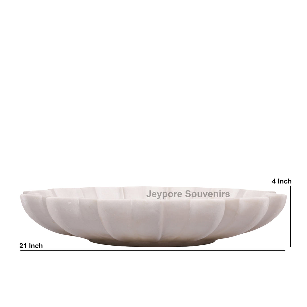 Hand-Carved White Marble Lotus Urli Bowl – 21 Inch Fluted Petal Design