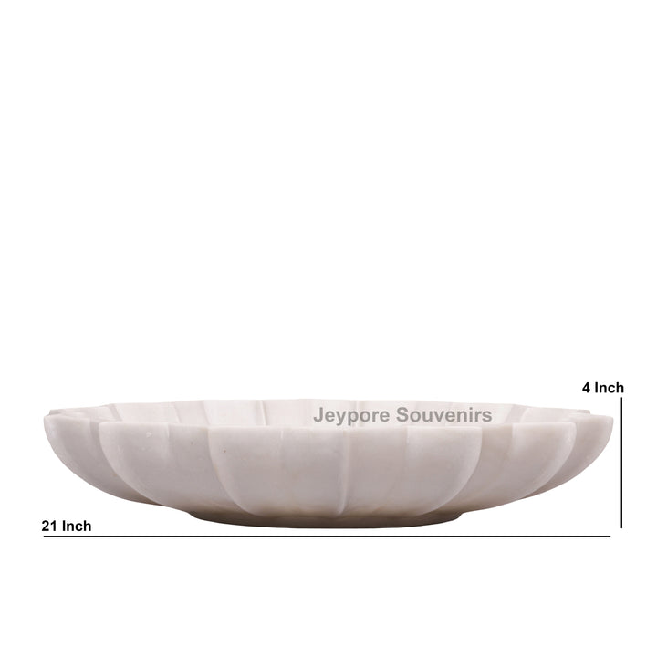 Hand-Carved White Marble Lotus Urli Bowl – 21 Inch Fluted Petal Design