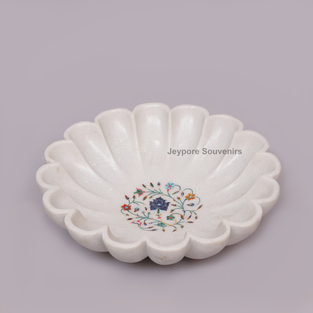 White Marble Lotus Decorative Bowl with Floral Stone Inlay