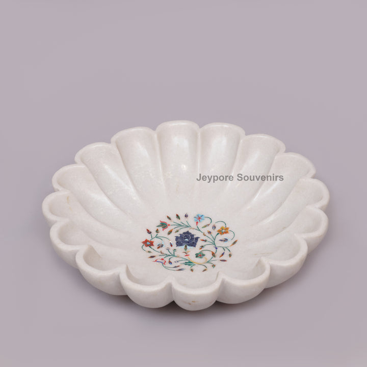 White Marble Lotus Decorative Bowl with Floral Stone Inlay