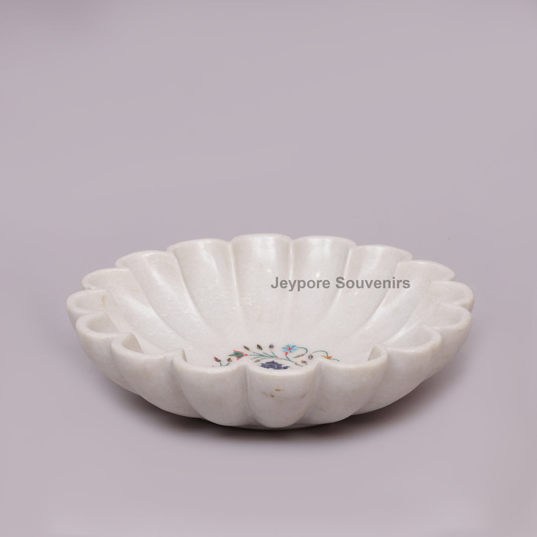 White Marble Lotus Decorative Bowl with Floral Stone Inlay