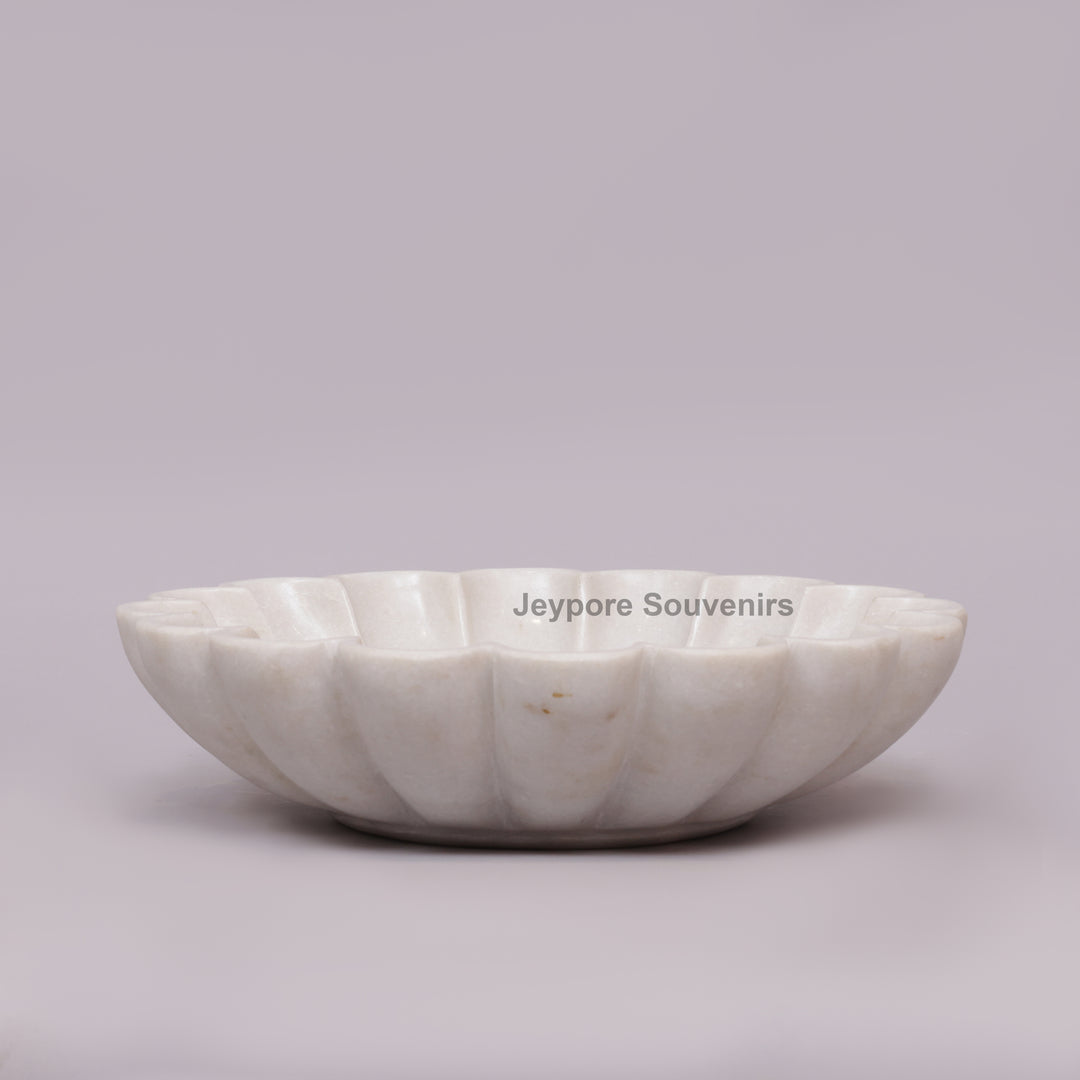 White Marble Lotus Decorative Bowl with Floral Stone Inlay