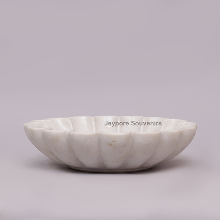 White Marble Lotus Decorative Bowl with Floral Stone Inlay