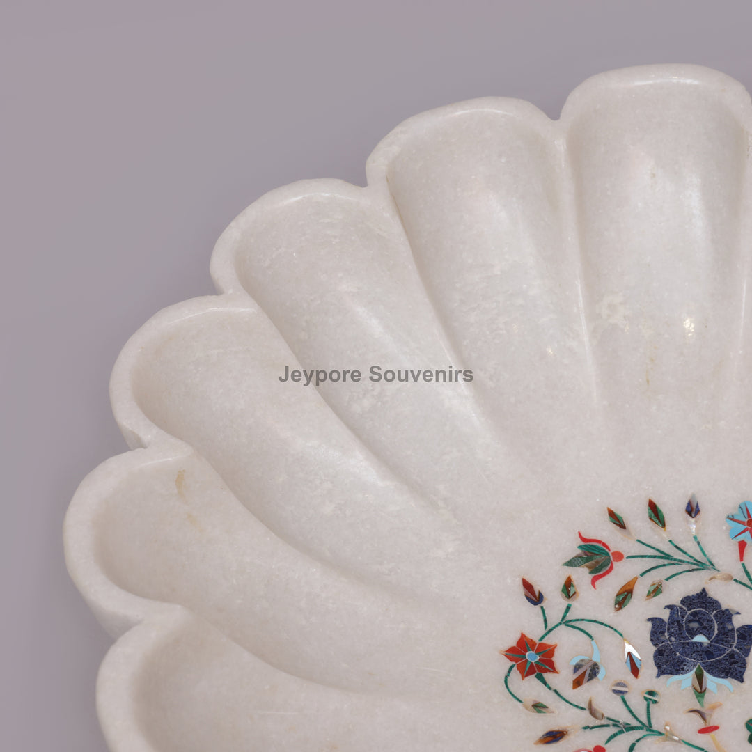 White Marble Lotus Decorative Bowl with Floral Stone Inlay
