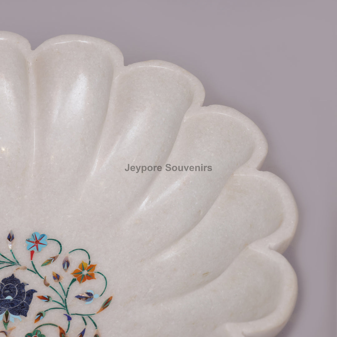 White Marble Lotus Decorative Bowl with Floral Stone Inlay